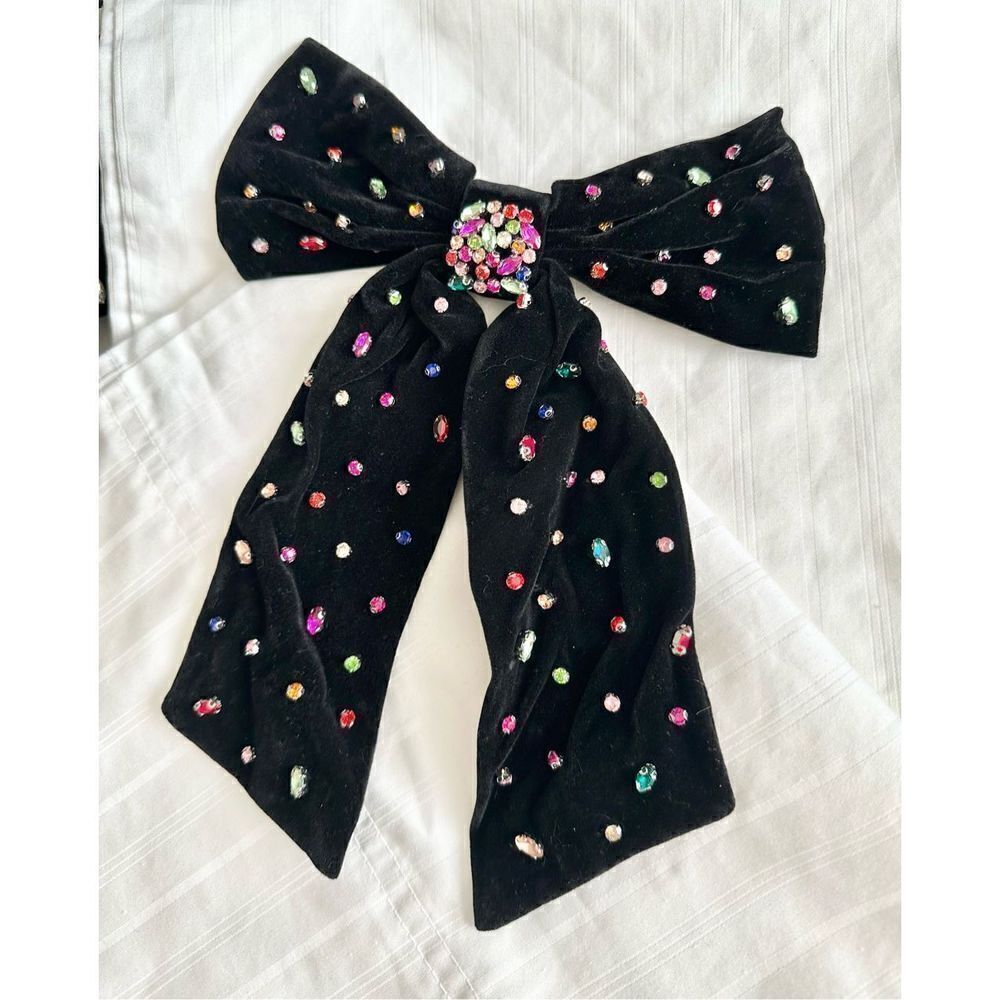 Black velvet hair bow with rainbow color embellishment ￼